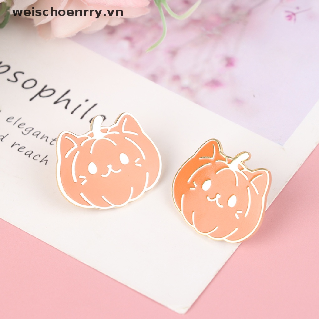 1 Ghim Cài Áo Tráng Men Cứng Hình Bí Ngô Mèo Hoạt Hình Dễ Thương
