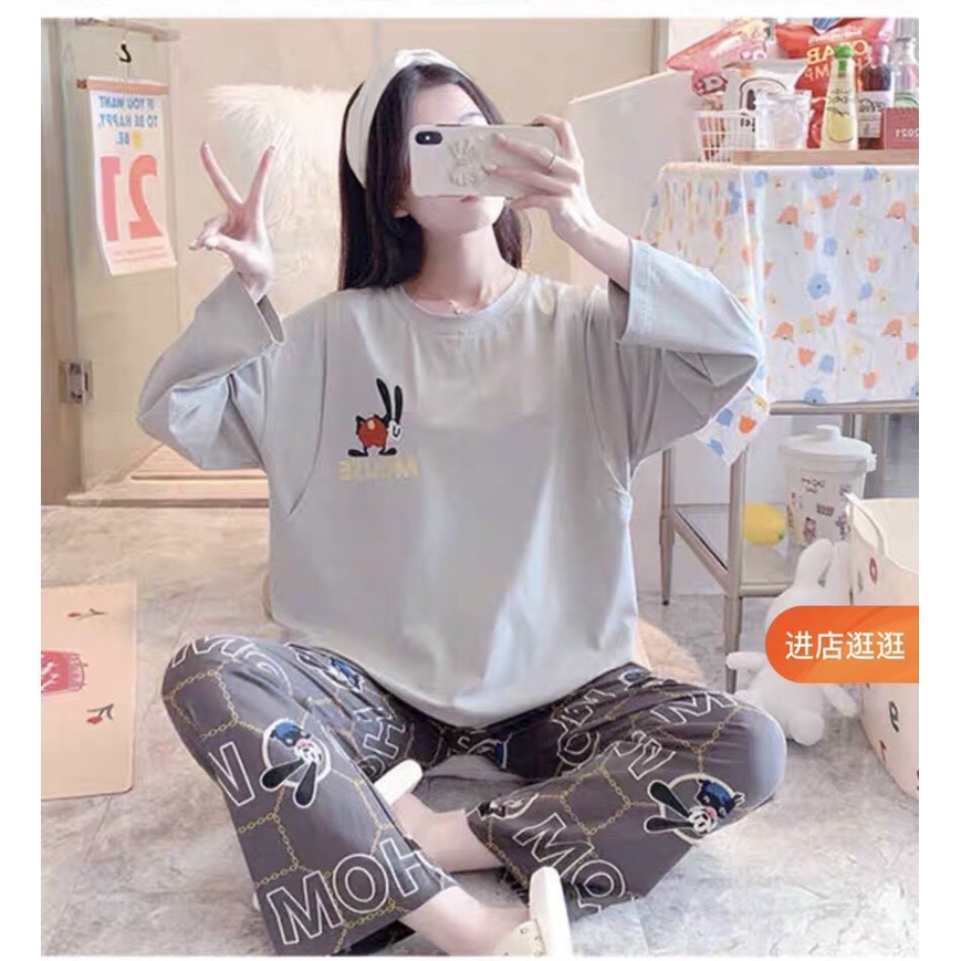 Bộ đồ bầu mặc nhà hình Chuột, Bộ bộ sau sinh chất cotton phong cách trẻ trung, năng động