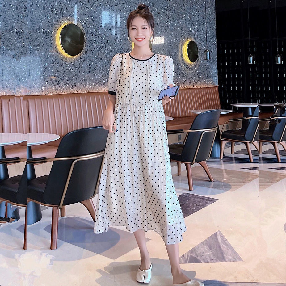 Đầm Dài Tay Phồng Họa Tiết Chấm Bi Phong Cách Phương Tây Hàng Mới Dành Cho Nữ