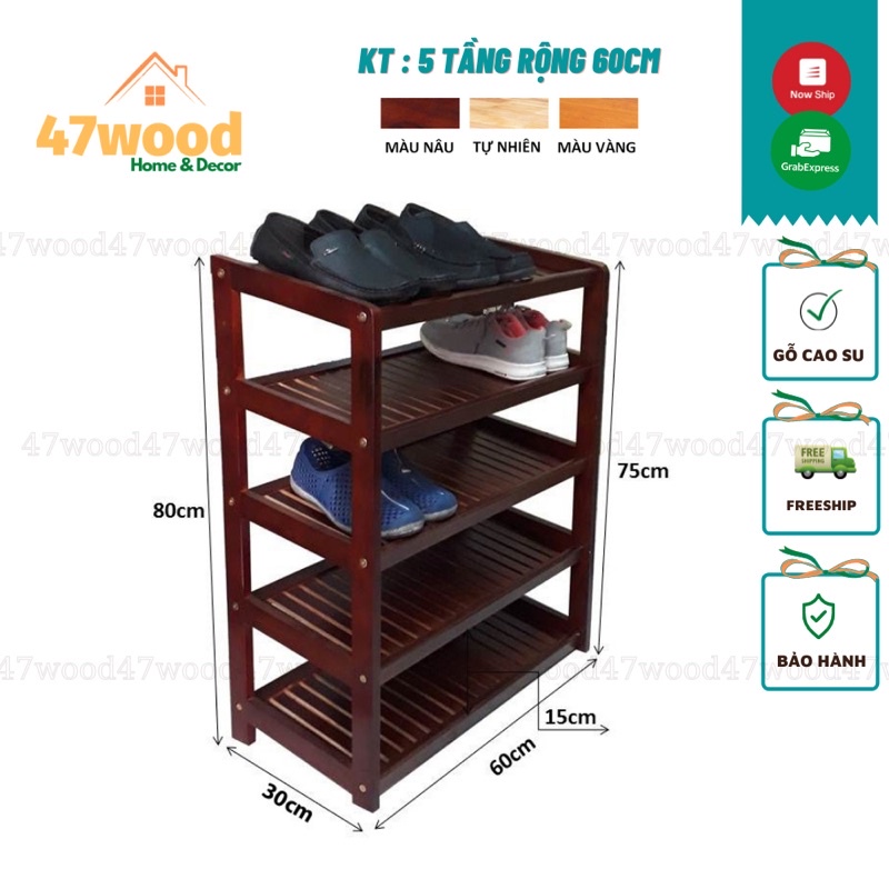 Kệ giày dép 5 tầng rộng 60cm gỗ cao su chống nước - Giá để giày dép bằng gỗ 47wood