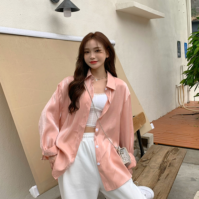 Áo sơ mi nữ dài tay màu hồng sáng nhũ phong cách cổ điển