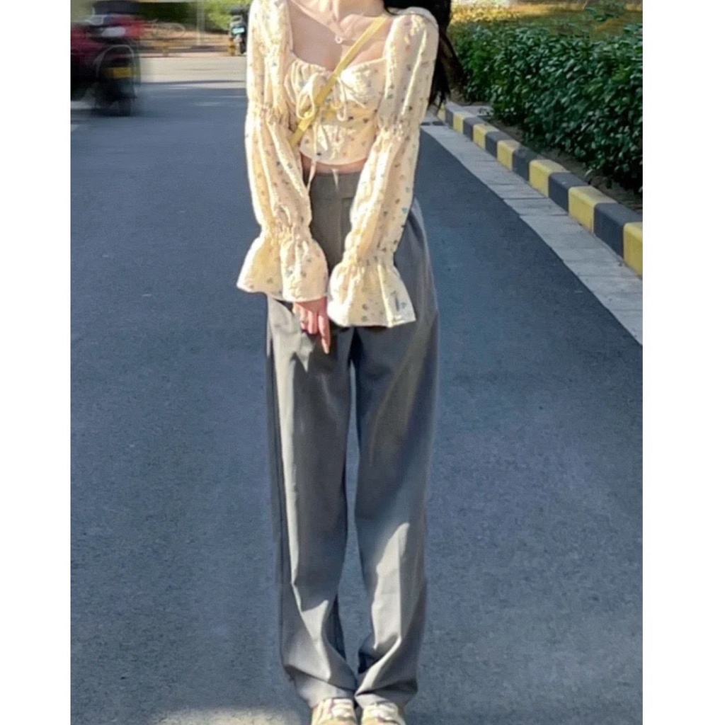 AMOI Áo Kiểu Cổ Vuông Dáng Ôm Sọc Ca Rô Thời Trang Retro Pháp Cho Nữ 2022