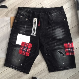 Quần ngố Dsq khoá lệch vá trắng đỏ- quần sooc bò khoá lệch- Bin Store