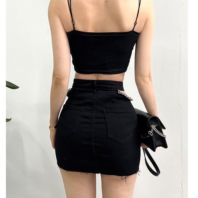 Jiashucheng Chân Váy Denim Chữ a Hở Vai Phối Dây Xích Thời Trang Mùa Hè Quyến Rũ Dành Cho Nữ