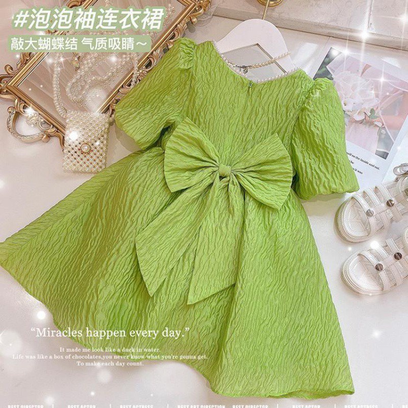 Váy bé gái đũi xốp nhăn hoặc váy ren mầu xanh nơ lưng bản to 8-36kg XHN999