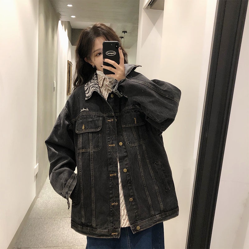 Áo Khoác Denim Dáng Rộng Họa Tiết Da Báo Phong Cách Retro Hong Kong Cho Nữ