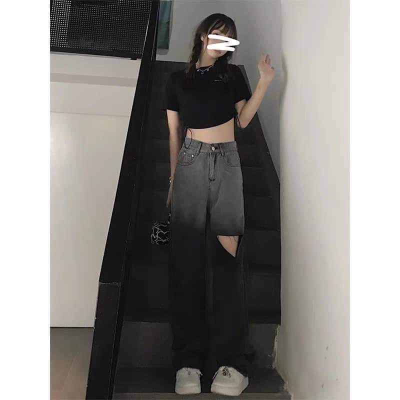 Quần Jeans Loang Rách Ống Rộng Nữ [FREESHIP] 🌸 Culottes jean dáng suông cạp cao màu  ĐEN Ulzzang HOT 🌸 | BigBuy360 - bigbuy360.vn