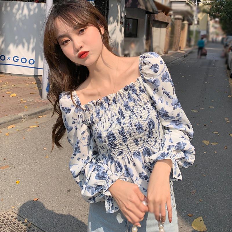 Áo Kiểu Chất Chiffon Cổ Vuông Hoạ Tiết Hoa Nữ Tính