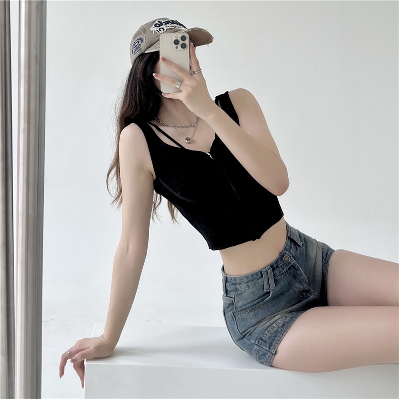 SUXI Áo Croptop Dệt Kim Không Tay Màu Sắc Đơn Giản Dễ Phối Đồ