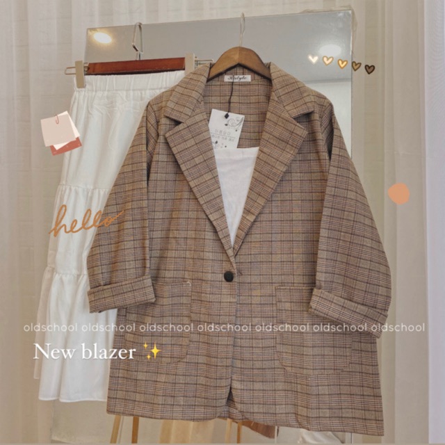 ÁO BLAZER KẺ NÂU 1 CÚC (ảnh thật/sẵn)