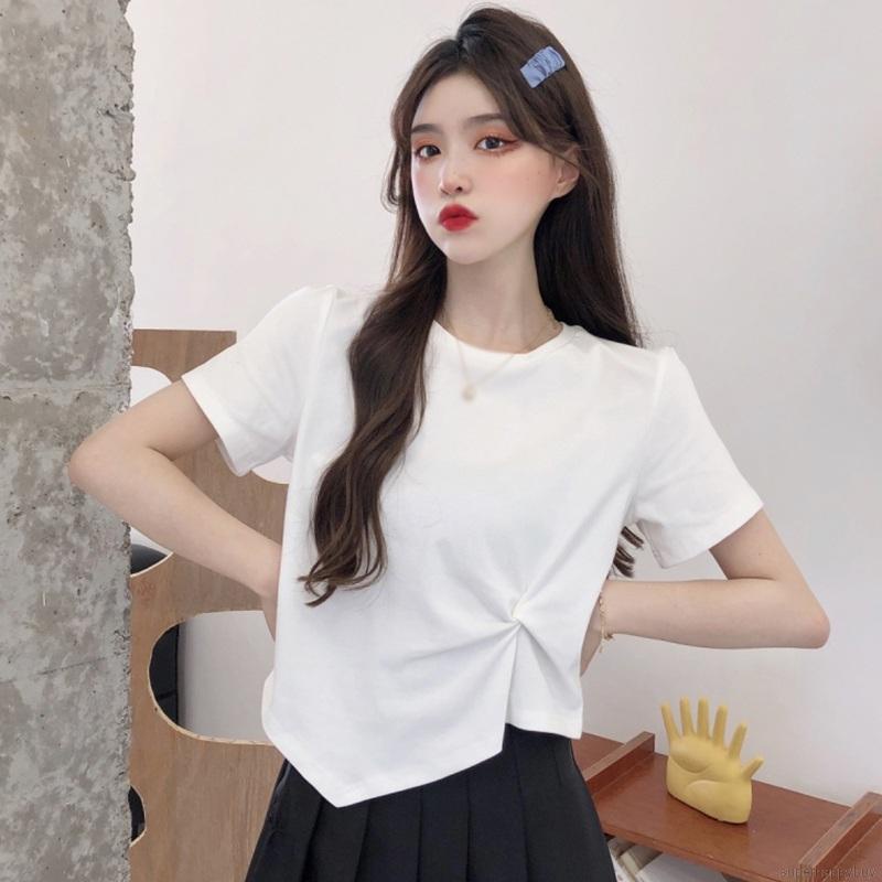 Áo thun tay ngắn cổ tròn màu trơn thiết kế lệch tà phong cách trẻ trung cho nữ
