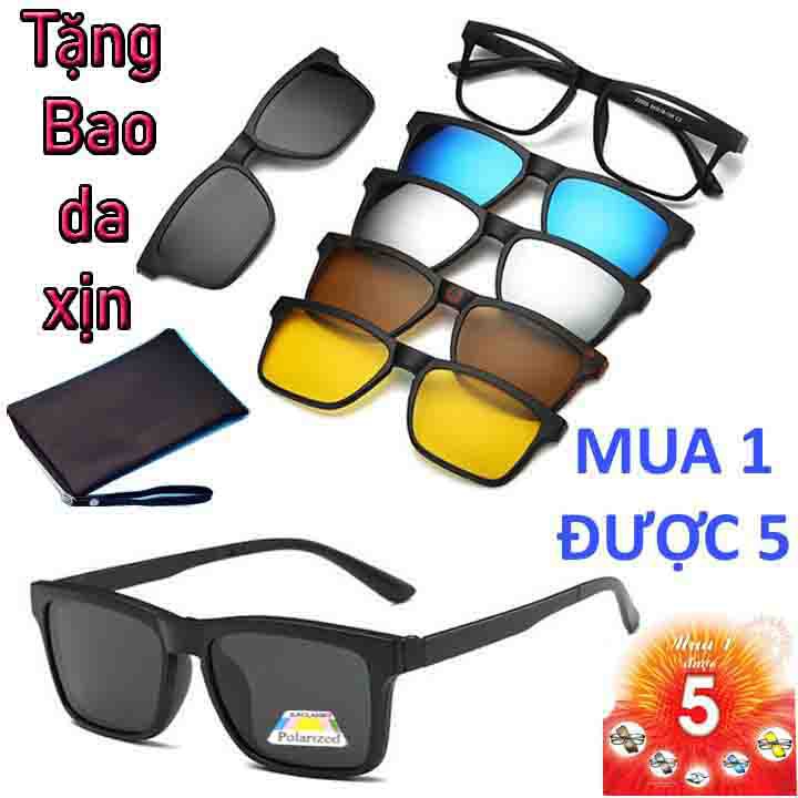 Kính mắt 5 tròng 5 IN 1 Gọng Vuông thời trang tặng kèm bao da, Kính râm nam nữ đa tròng dùng làm rân cận đa năng FERADO