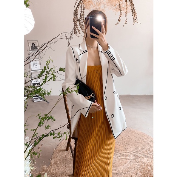 (Hàng Quảng Châu - Taobao)Váy đầm 2 dây xếp ly sexy dáng dài xuông đi biển trắng vàng đồng đen