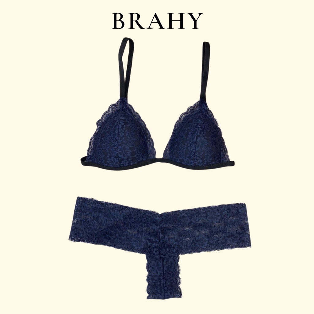 Bộ đồ lót ren nữ sexy xanh đậm có mút hàng thiết kế tinh tế và tỉ mỉ BRAHY 044