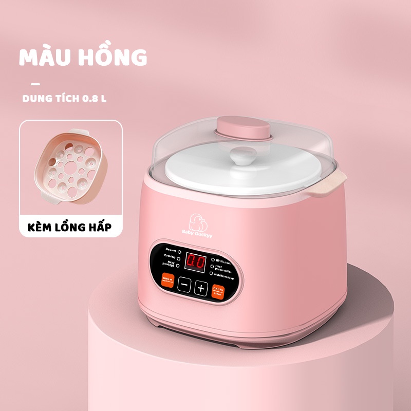 Nồi Nấu Cháo Chậm Cho Bé Baby Duckyy, Hầm Cháo Chậm, Ninh Đa Năng Cho Bé_Baby Duckyy KALI 001 0.8L_Kèm Lồng Hấp BH