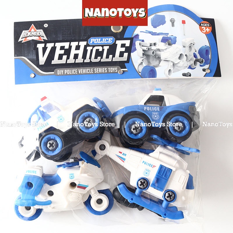 Đồ chơi xe Cảnh sát lắp ráp - bộ 4 xe kèm tua vít - NANOTOYS STORE