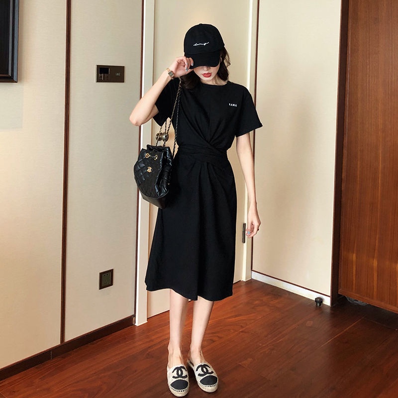 Đầm Thun Nữ Ngắn Tay Cổ Tròn Form Dài Rộng Thời Trang Hàn