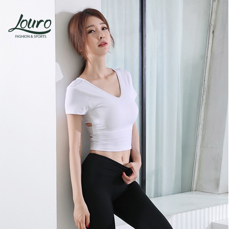 Áo tập yoga, gym nữ Louro kiểu áo croptop body cổ tim đan chéo có mút ngực, dùng tập thể thao, zumba, yoga, gym - LA90M