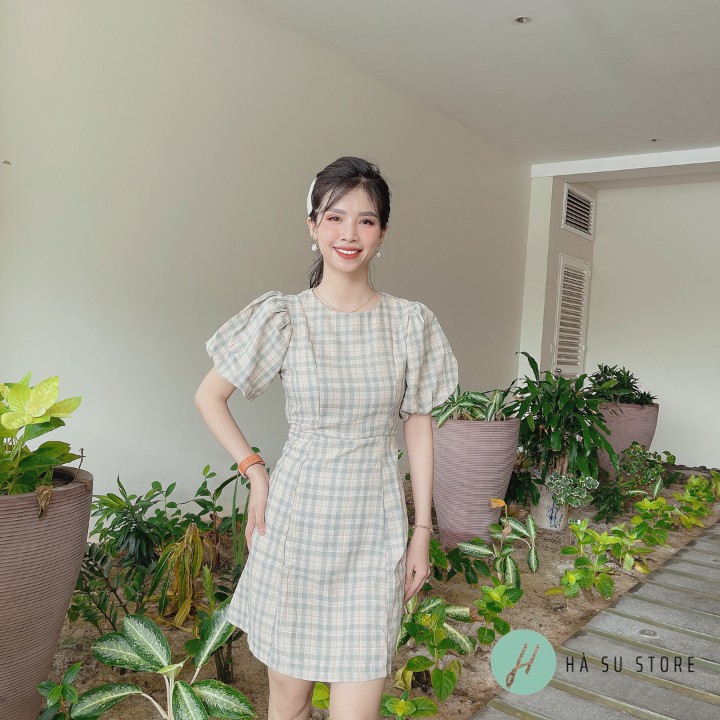 [Ảnh+Video thật] Váy Đầm Babydoll Kẻ Caro Tay Phồng Cổ Tròn cực xinh cho các nàng