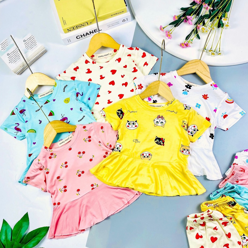 Bộ cộc tay ngắn tay áo vạc xòe thun lạnh cho bé gái hàng Minky Mom. Bé 9-32kg . MMBGCT19 Shop-Mẹ-Rùa