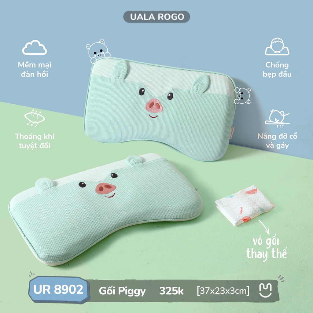 Gối Piggy Uala Rogo Memory Foam cao cấp độ đàn hồi tốt chống bẹp đầu hỗ trợ giấc ngủ ngon cho bé 8902 37x23x3cm