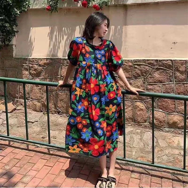 Mùa hè năm 2021 mới kích thước lớn tay áo phồng váy kiểu Pháp cổ điển in váy dài váy dài giữa phụ nữ rộng rãi | BigBuy360 - bigbuy360.vn