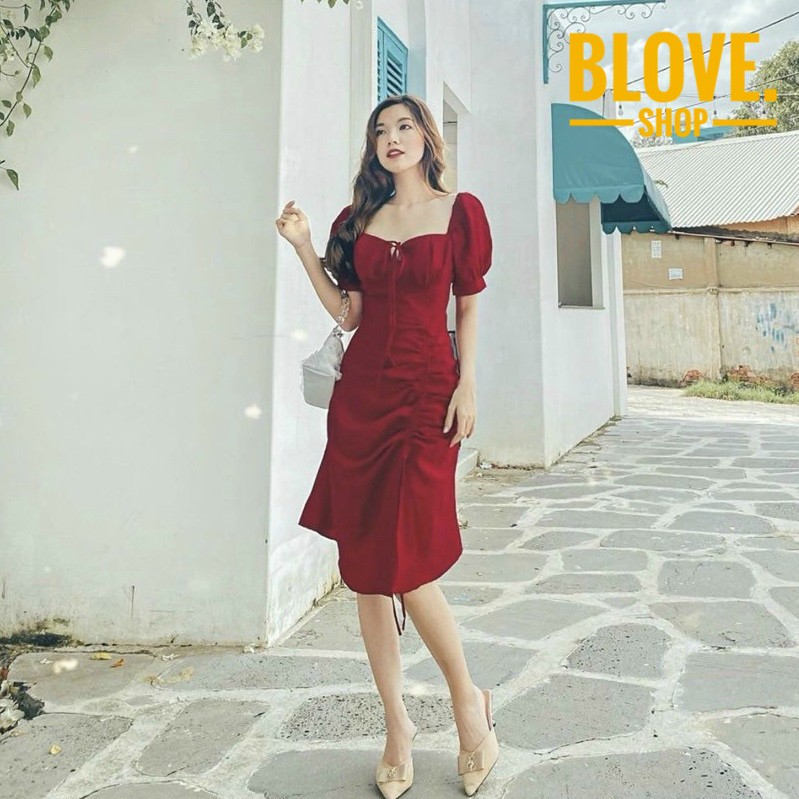💢Đầm đỏ cổ vuông tùng rút