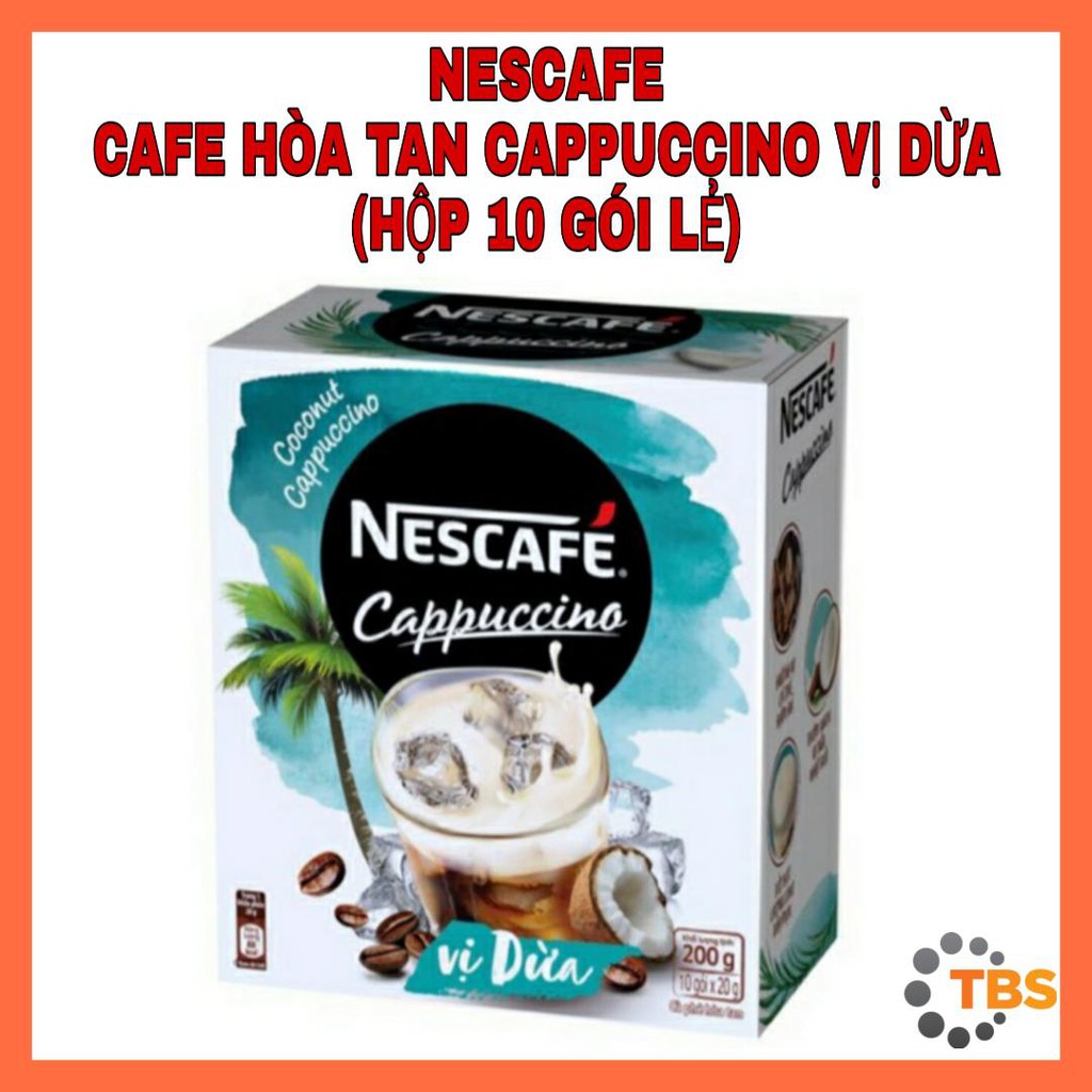 [NESCAFE-CAFE CAPPUCCINO VỊ DỪA, HỘP 10 GÓI LẺ] CAFE, CÀ PHÊ CAPPUCCINO VỊ DỪA
