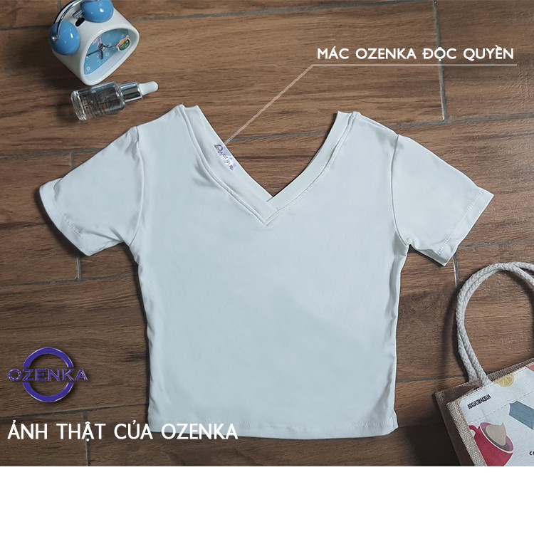 Áo croptop cổ chữ v dáng ôm  ozenka , áo kiểu crt tay ngắn sexy nữ đen trắng vải thun gân 100% cotton CRTV 258