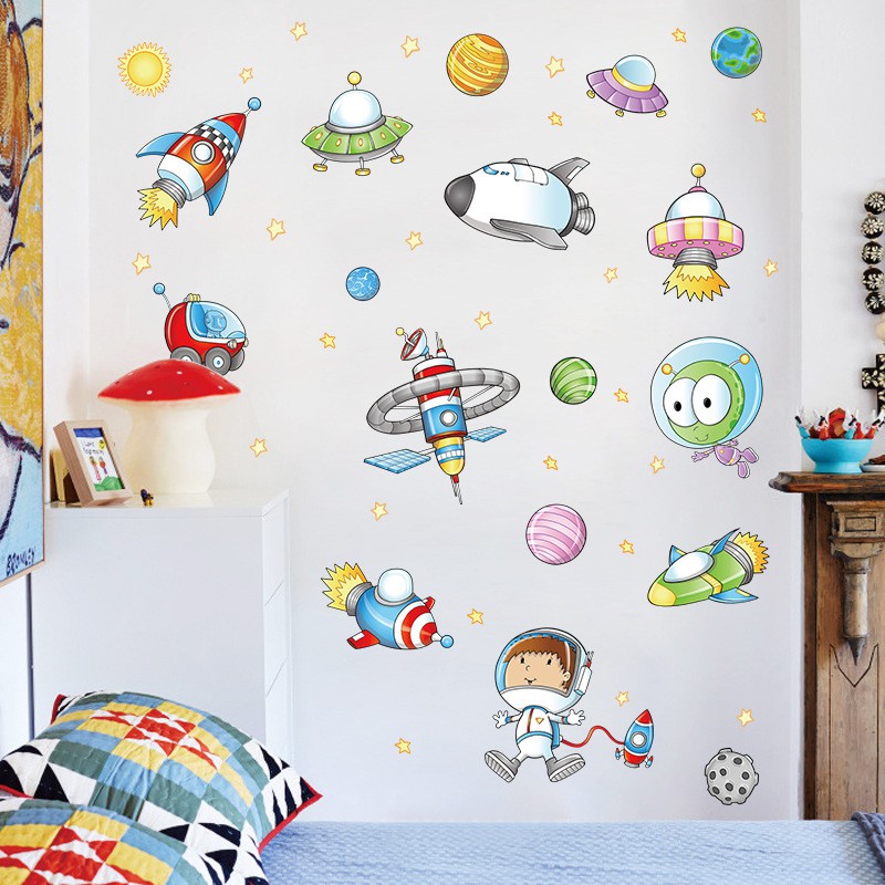Decal trang trí cho bé dán tường hình các phương tiện du hành vũ trụ kích thước 100x75cm