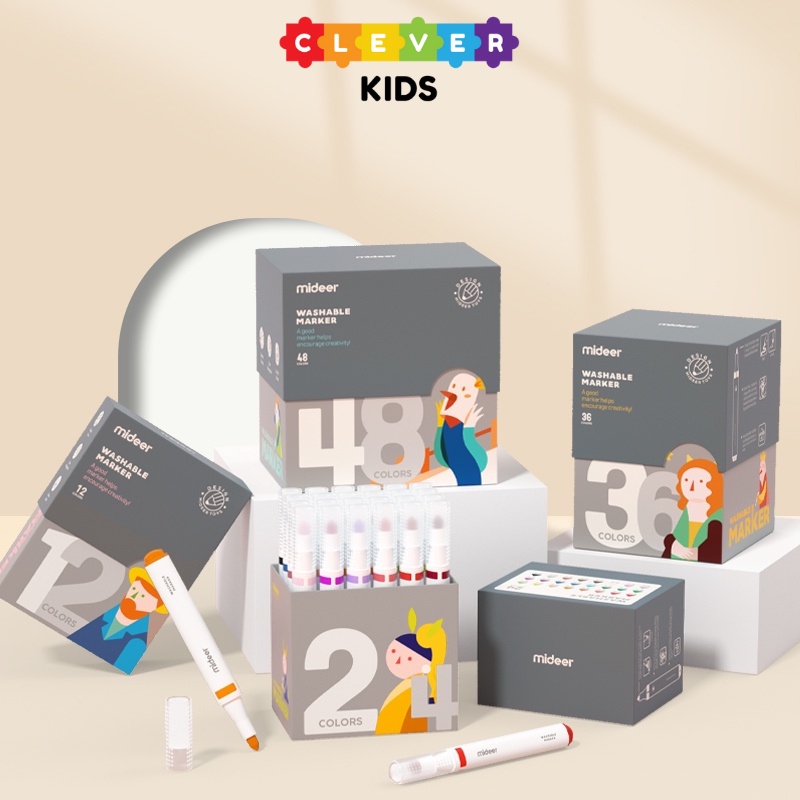 Hộp Bút Dạ Màu Nước An Toàn Cho Bé Washable Marker Mideer, Bộ Bút Highlight Tập Vẽ An Toàn Dễ Tẩy Rửa - Clever Kids