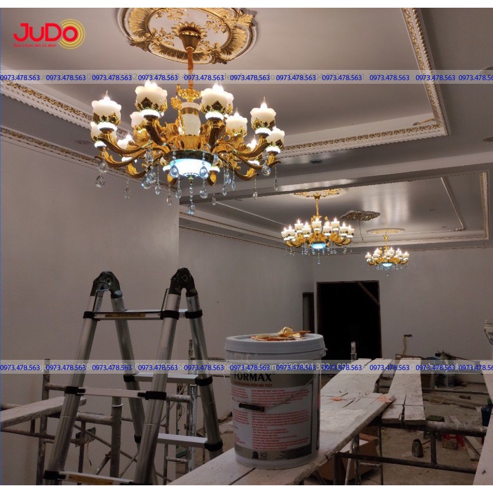 Đèn chùm trang trí phòng khách tân cổ điển,Đèn trần cho biệt thự nhà hàng khách sạn spa 15 tay đá đúc thân mạ hợp kim