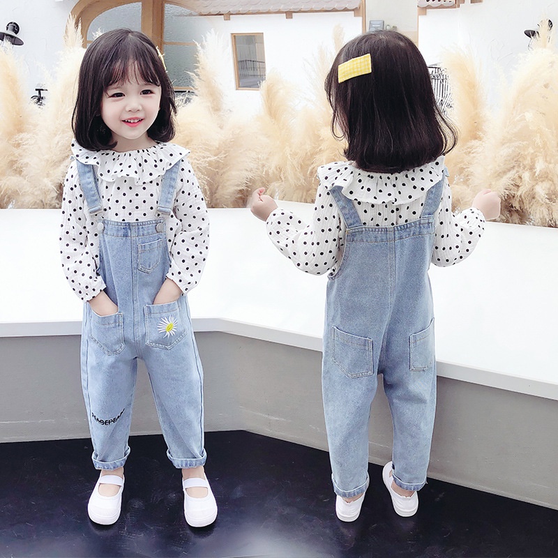 Set Áo Thun Dài Tay In Hoa + Quần Jeans Dài Thời Trang Cho Bé Gái