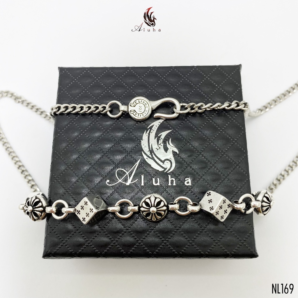 Dây chuyền đồng trắng không rỉ Chrome Heart khắc nổi hoa Iris, xúc xắc biểu tượng CH - NL169 - Aluha