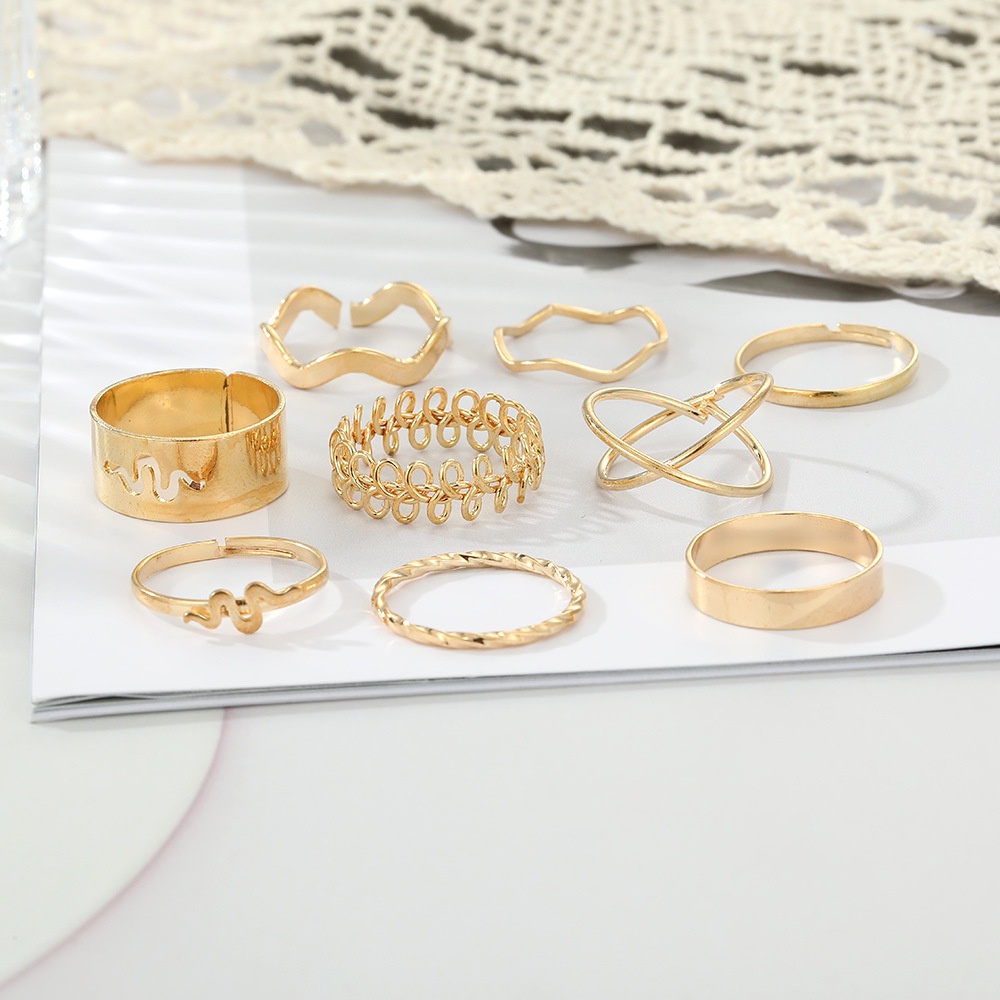Set 9 Nhẫn Kim Loại Hoạ Tiết Hình Học/Rắn Sóng