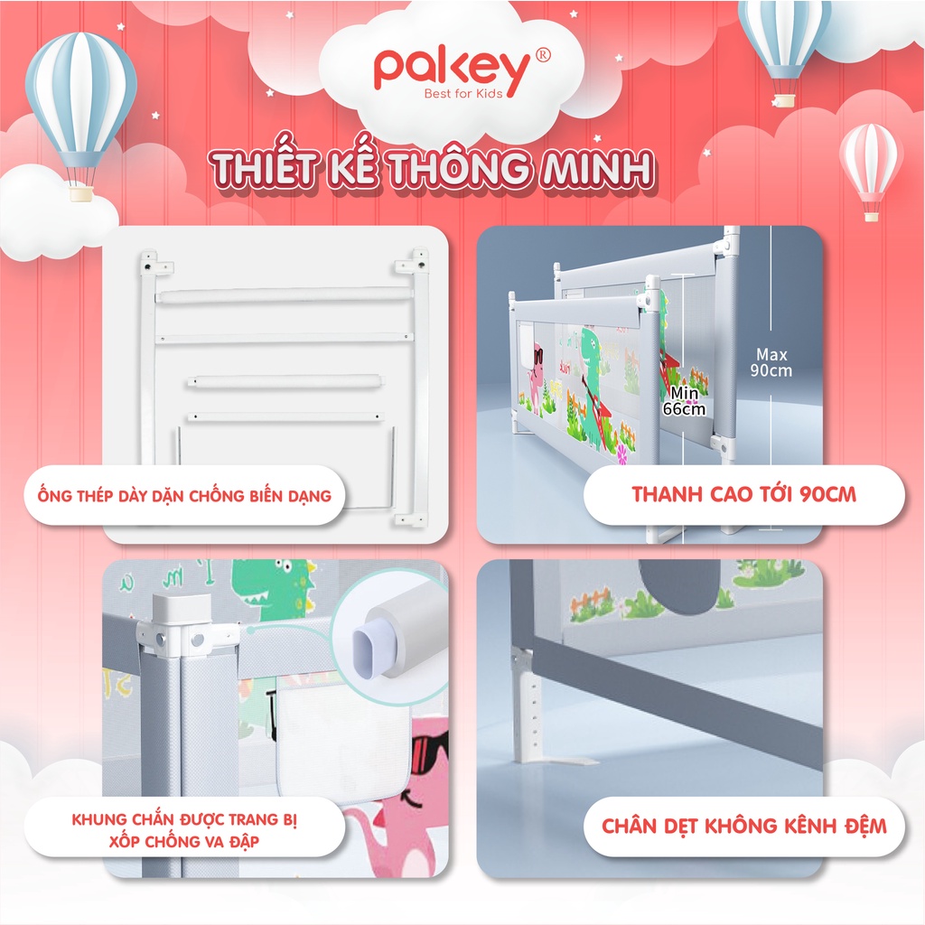 [HỎA TỐC HCM] Thanh Chắn Giường PAKEY Chính Hãng - Chặn giường An Toàn Cho Bé Cao 90cm -105cm Nâng Hạ 1/ 2 Bên Tiện Lợi