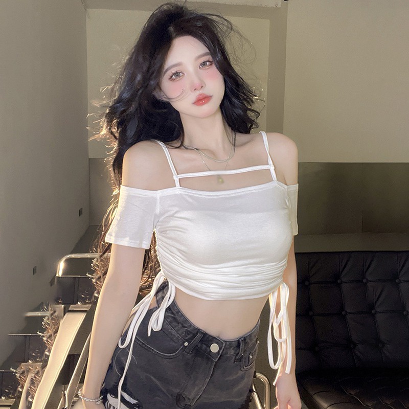 Áo Thun Crop Top Tay Ngắn Mềm Trễ Vai Cột Dây Dáng Ôm Phong Cách Hàn Quốc