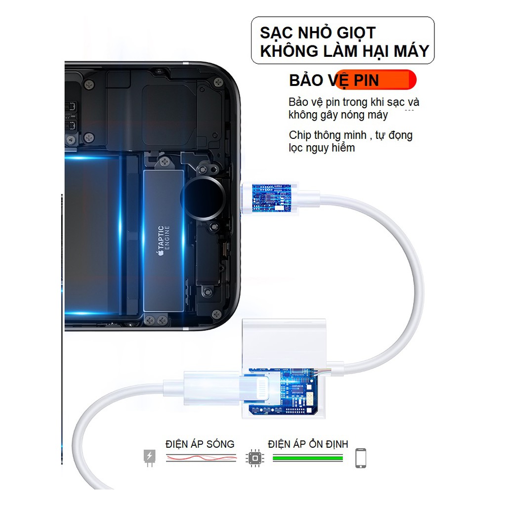 Cáp chia lightning sang 2 cổng sạc lightning + tai nghe jack 3.5mm