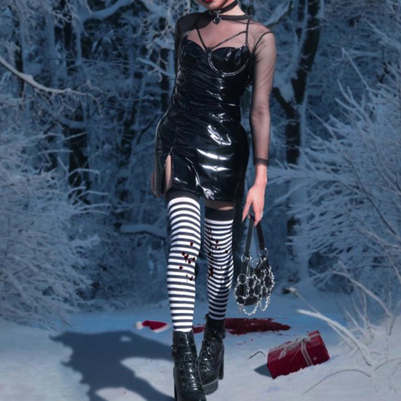 Đầm Dây Mảnh Mini Giả Da Sợi Mì Spaghetti Khoét Rỗng Gợi Cảm Phong Cách Gothic Cho Nữ