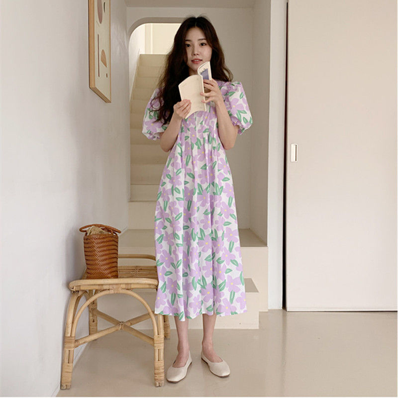 Đầm Công Chúa In Hoa Tay Phồng Phong Cách Hàn Quốc Thanh Lịch Xinh Xắn Cho Nữ