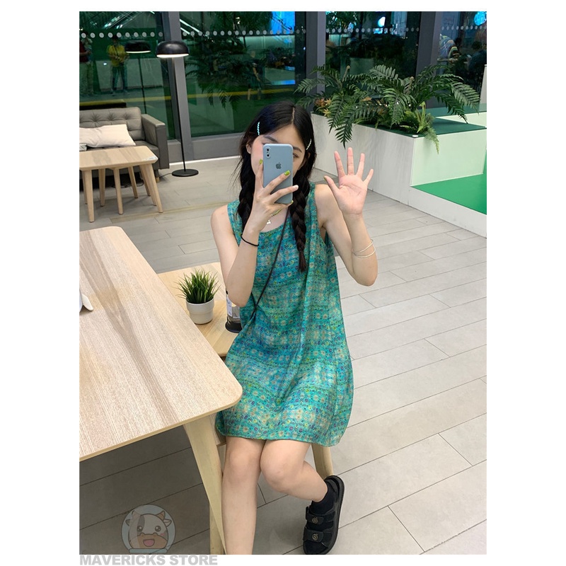 Đầm Sát Nách Cổ Tròn In Họa Tiết Hoa Nhí Xinh Xắn Phong Cách retro Hàn Quốc