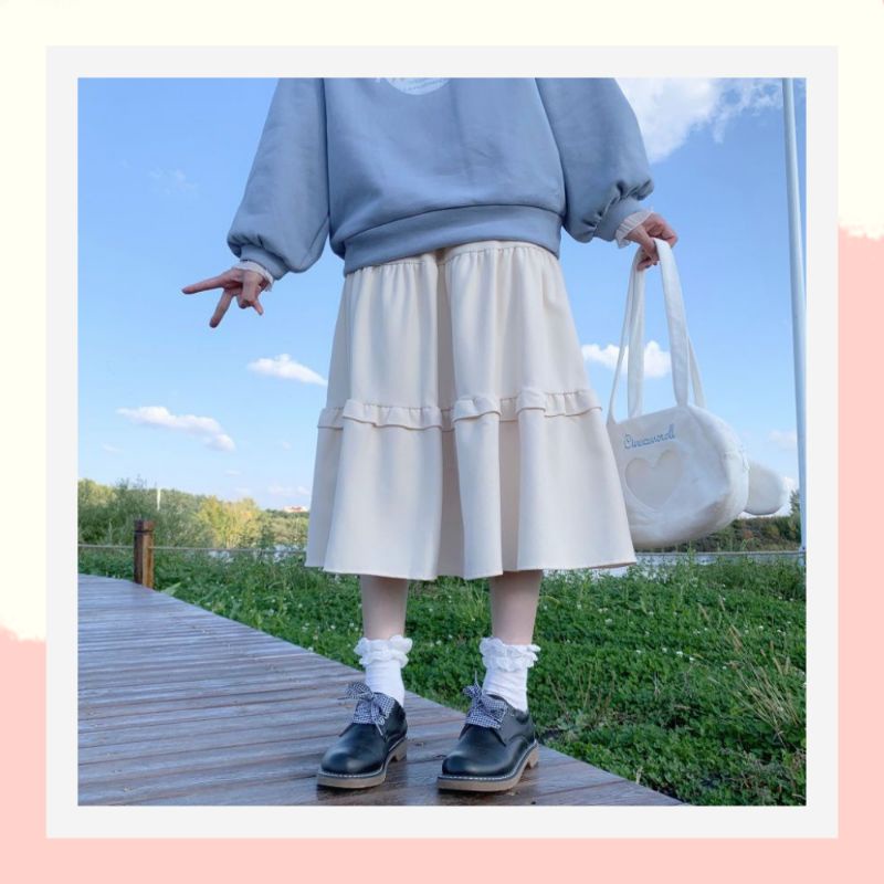 Chân váy xòe 2 tầng midi dáng dài hàn quốc,chân váy dài cho người lùn phòng cách hàn quốc màu be 01