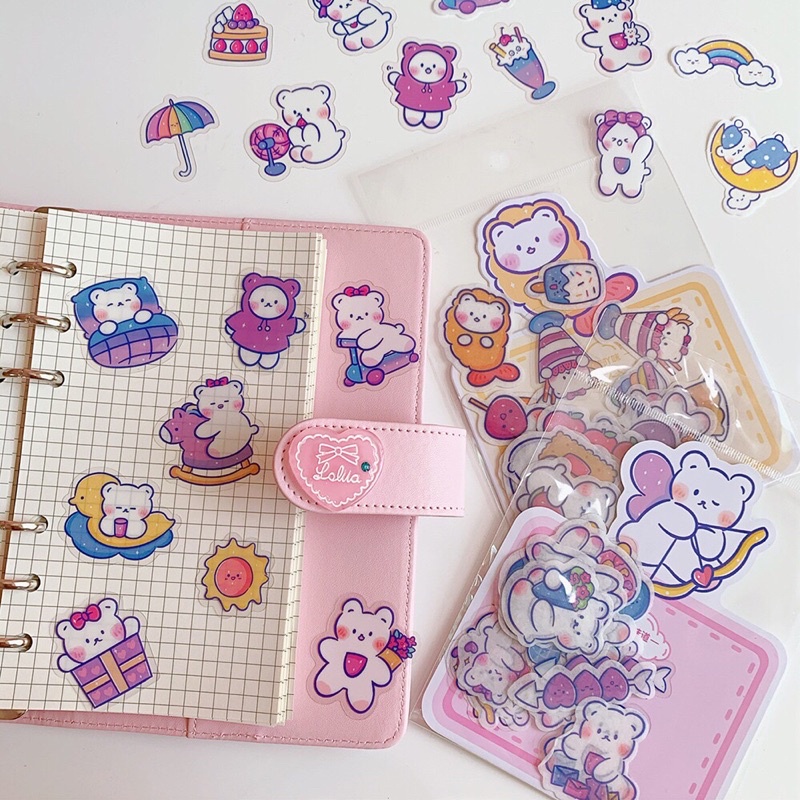 Set 40 tấm sticker cute hình con gấu trắng dễ thương hàng Quảng Châu trang trí sổ vở viết đồ dùng