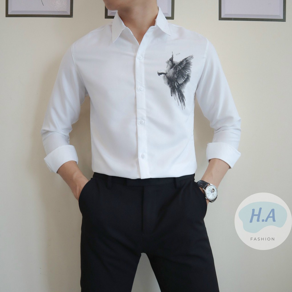 Áo sơ mi nam chất lụa đẹp tay dài in hình con chim