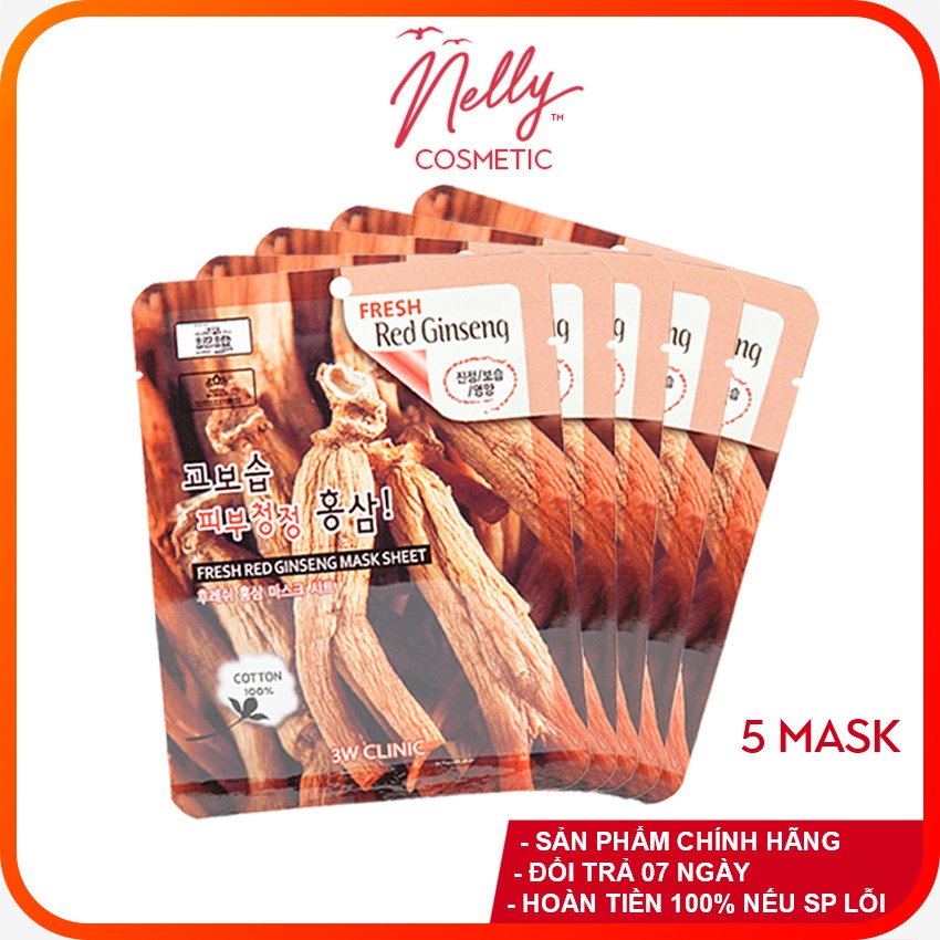 (❤️GIÁ TỐT NHẤT❤️) COMBO 05 Mặt nạ dưỡng da chiết xuất từ nhân sâm đỏ 3W CLINIC FRESH RED GINSENG MASK SHEET 23ml