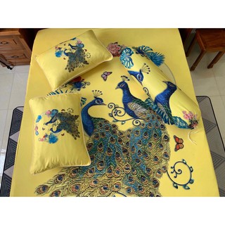 Bộ drap thun lạnh 5D . ga thun lạnh 1m6/1m8. 2 con chim công