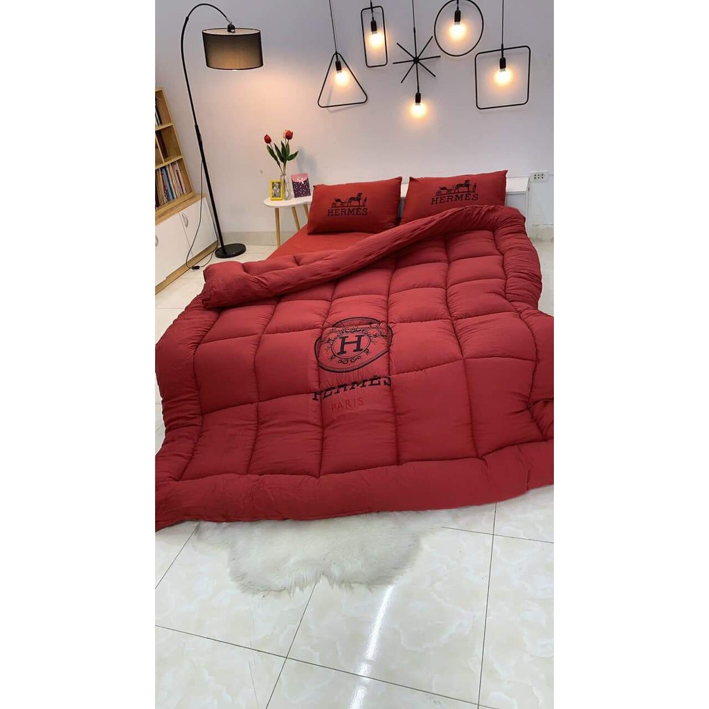 Set Chăn ga gối mùa đông cao cấp cotton đũi 5 món kèm chăn phao