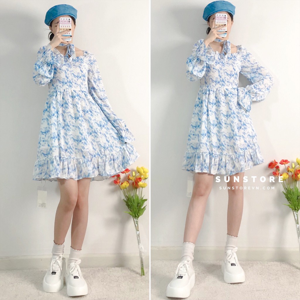 Đầm hoa nhí dáng ngắn mini váy xoè tay dài nữ họa tiết xanh trắng