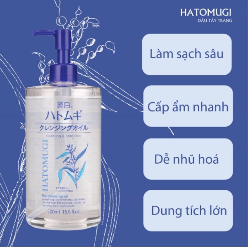 Nước Tẩy Trang Ý Dĩ Hatomugi, Làm Sạch Sâu  Dưỡng Ẩm Làm Sáng Da Giảm Mụn 500ml