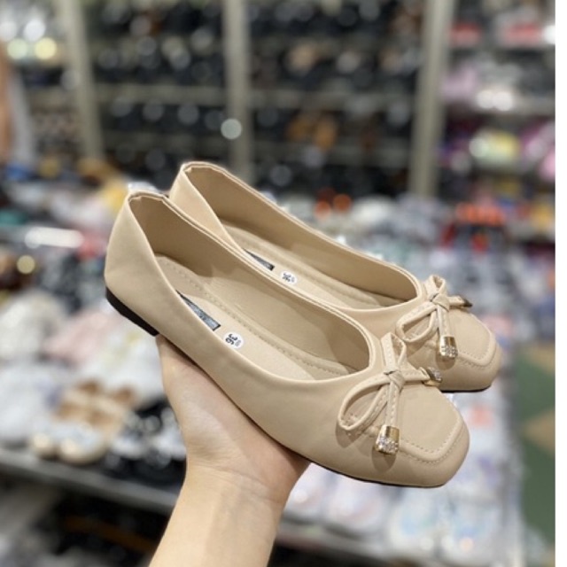 Giày búp bê nữ bệt mềm 2 màu mũi vuông nơ dây